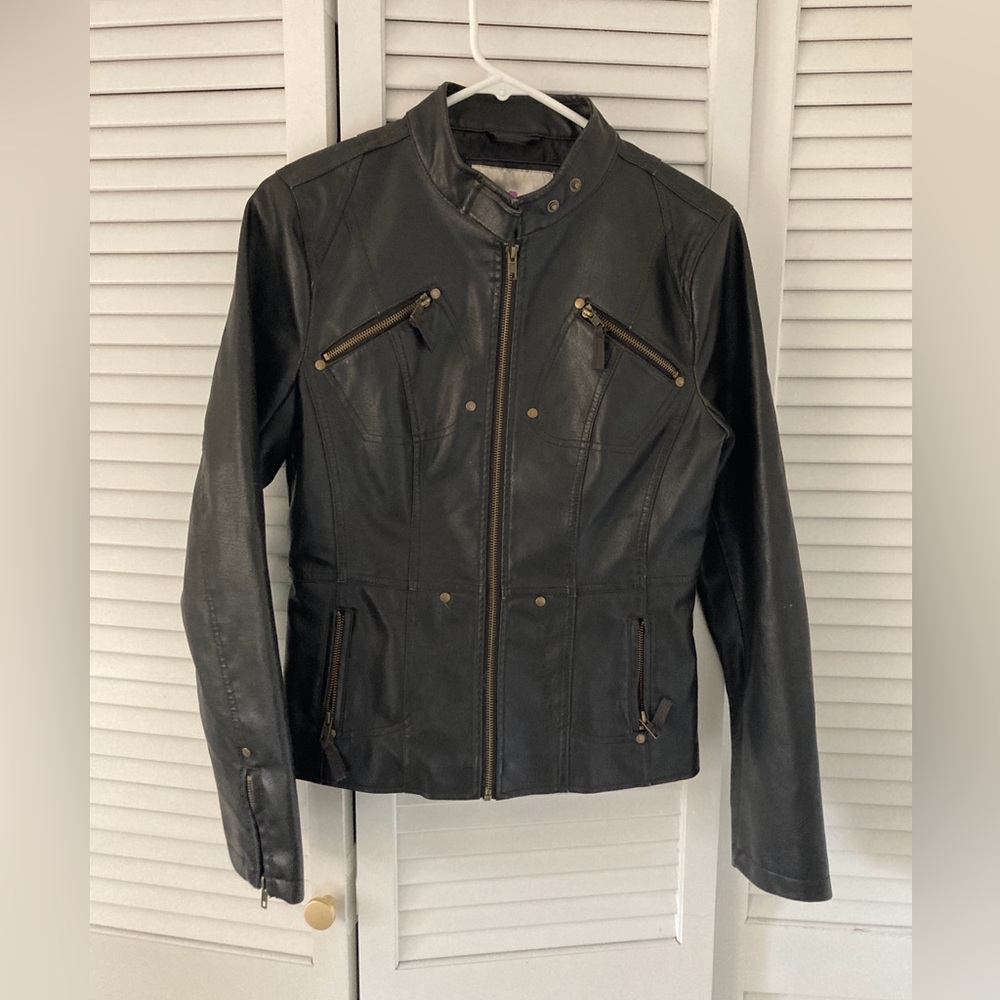 Women's Frida Dark Brown Faux Leather Zipper Moto Jacket Zipper Pockets Small